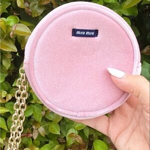 Miu Miu Pink Velvet Round Mini Wristlet with Gold Zipper and Carry Chain NEW